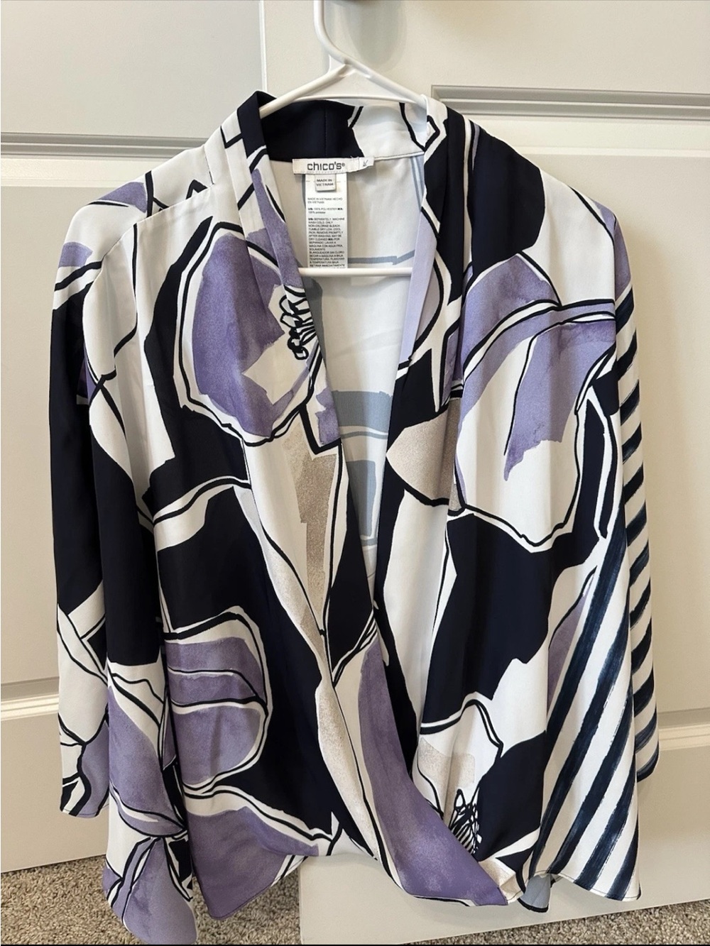 Chico's Navy, White & Lavender Abstract Floral Open-Front Jacket